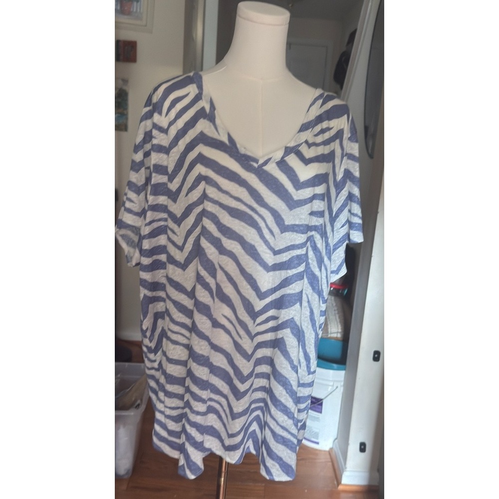 Tahari 100% Linen Zebra Print Short Sleeve Tunic Top 2X Blue White